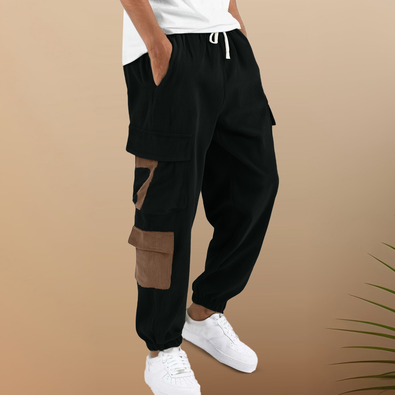 thumbnail image 2 of Pantalones cargo para hombre para exteriores - Estilo jogger de pana - Poliéster, bolsillos utilitarios, tallas S-XXL, 2 of 6